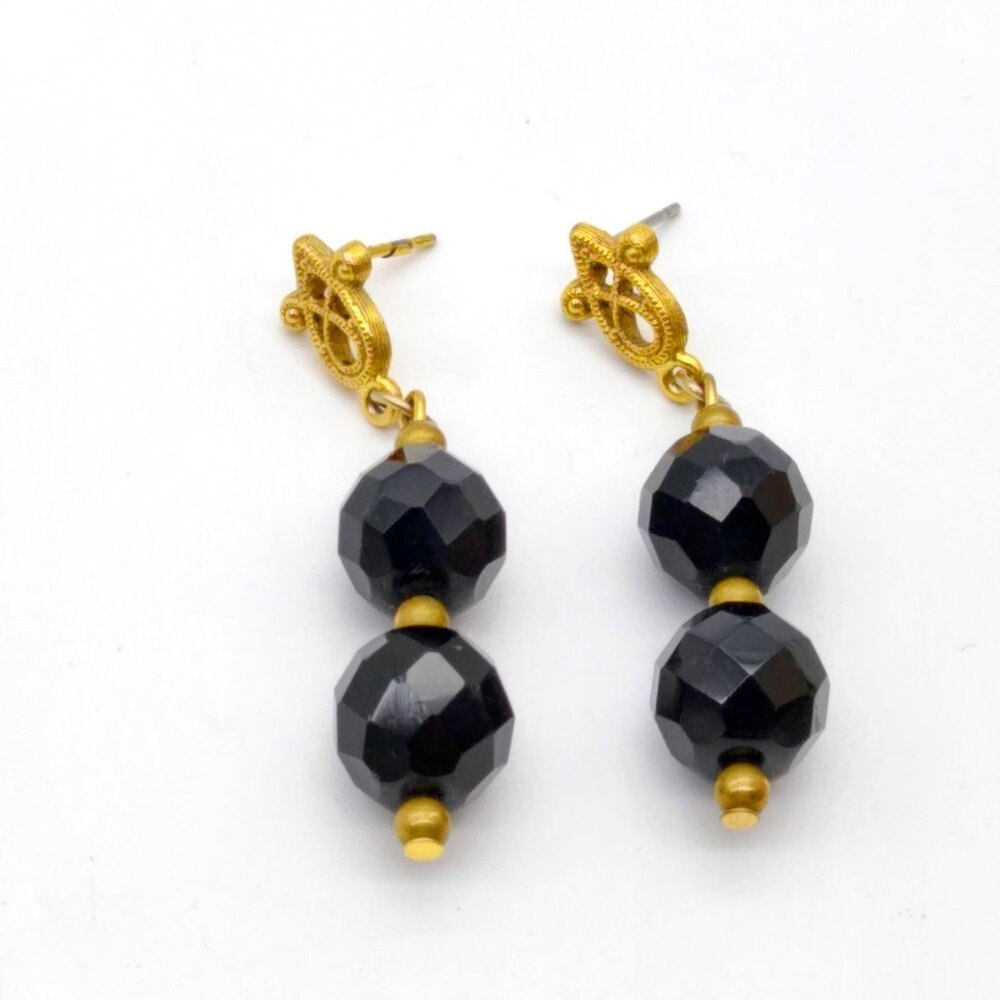 Vintage Black Crystal Dangle Earrings, Filigree Gold Tone Studs with Double Drop